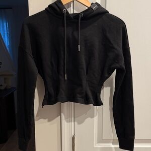 Maniere De Voir Black Cropped Hoodie with Drawstring